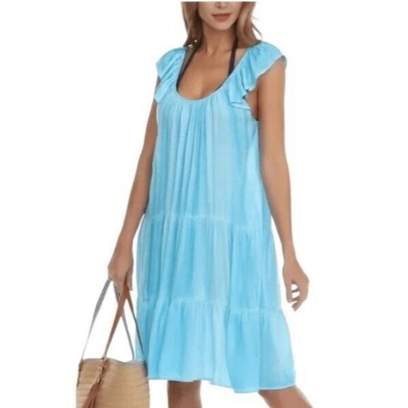 Raviya Womens Size L Turquoise Blue Tiered Dress Swimsuit Cover Up NWT - Picture 1 of 12